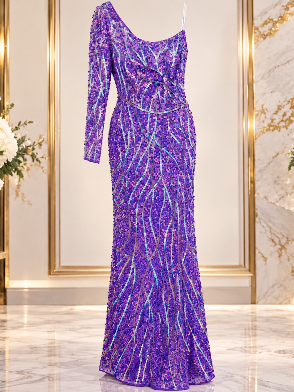 Primavera Courture Elegant Purple One-Shoulder Sequin Evening Dress